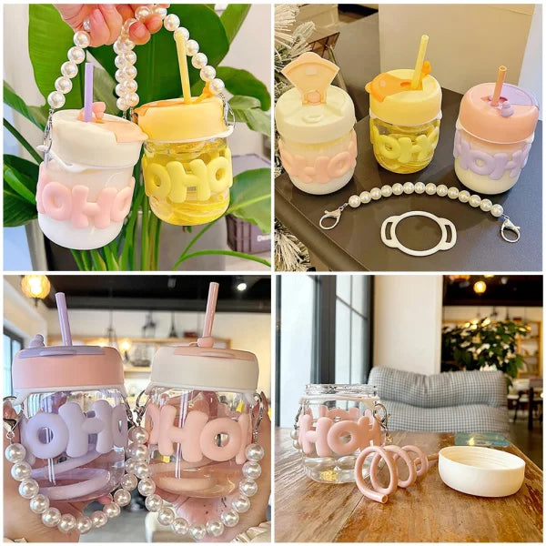 Pearl Chain Glass Cup Female High Beauty Household Water Cup Portable Breakfast Milk Cup Cute Glass Straw Double Drinking Coffee Cup Best For Gift