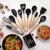12 Pcs Set Wooden Handle Silicone Kitchen Utensils With Storage Bucket High Temperature Resistant And Non Stick Pot Spatula Spoon( Random Colo