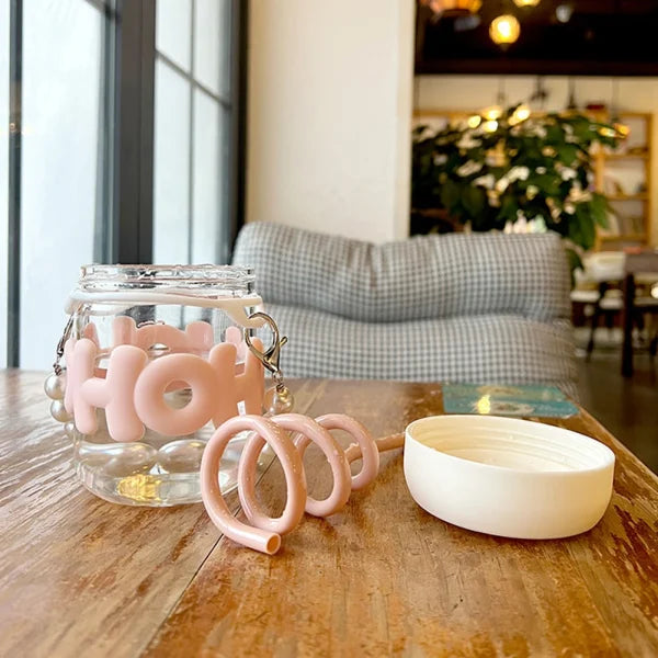 Pearl Chain Glass Cup Female High Beauty Household Water Cup Portable Breakfast Milk Cup Cute Glass Straw Double Drinking Coffee Cup Best For Gift