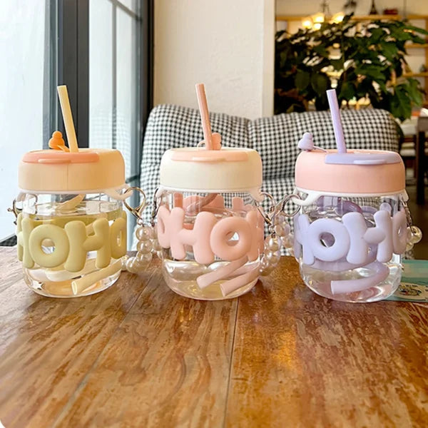 Pearl Chain Glass Cup Female High Beauty Household Water Cup Portable Breakfast Milk Cup Cute Glass Straw Double Drinking Coffee Cup Best For Gift