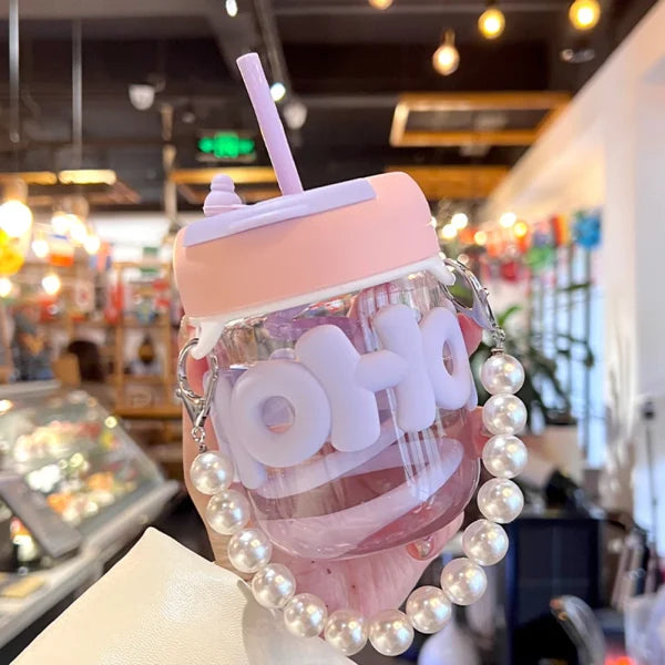 Pearl Chain Glass Cup Female High Beauty Household Water Cup Portable Breakfast Milk Cup Cute Glass Straw Double Drinking Coffee Cup Best For Gift