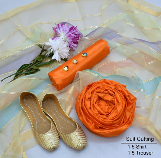 Silk 3pc Suit Silk Shirt Organza Dupatta Silk Trouser Gifted Khussa ( Orange )